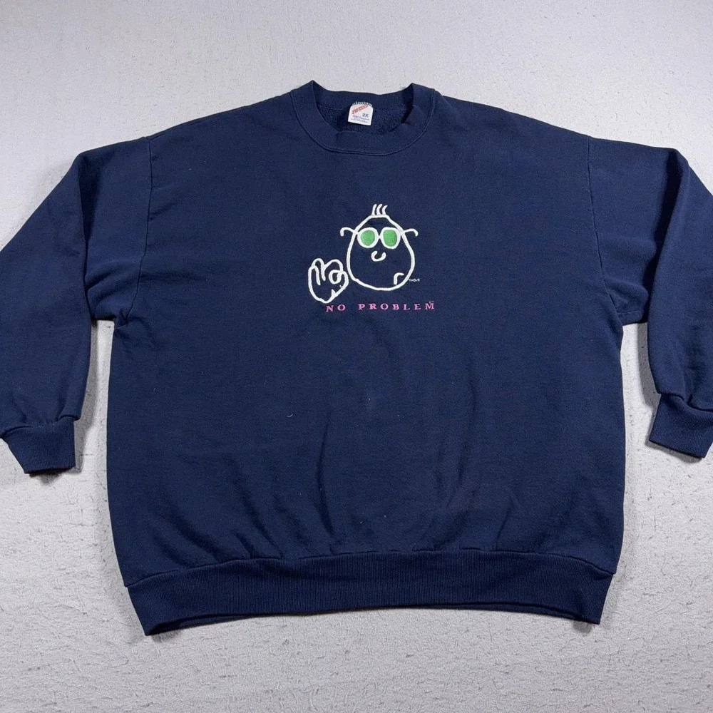 Vintage Sweatshirt Mens 2XL Blue No Problem Graphic Pullover 90s Funny USA